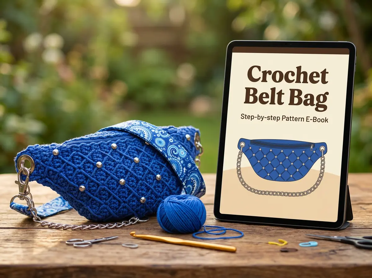 Crochet Pattern Women Fanny Pack Beaded Lattice Crochet Belt Bag Pattern studded blue fanny pack
